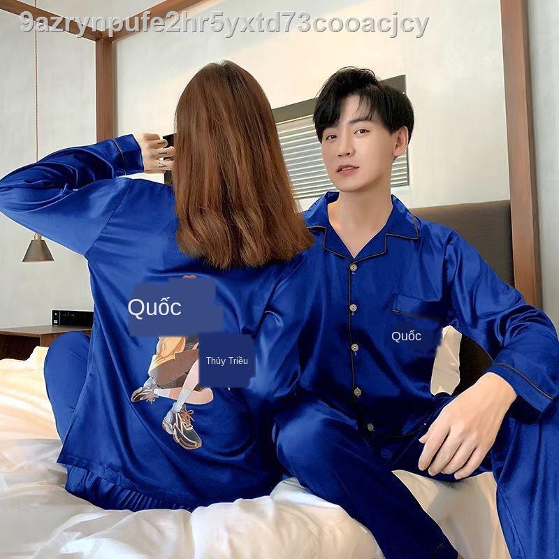 Cặp đôi pyjama mùa xuân và thu dài tay một người đàn ông phụ nữ hoạt hình mỏng hai mảnh phù hợp với lụa băng sexy ^