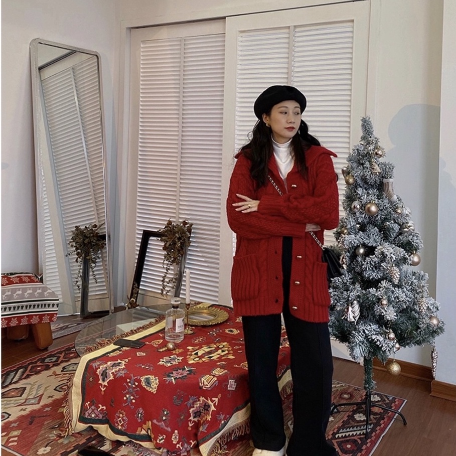 Áo khoác cardigan Forgirl len bện cổ bẻ phối túi