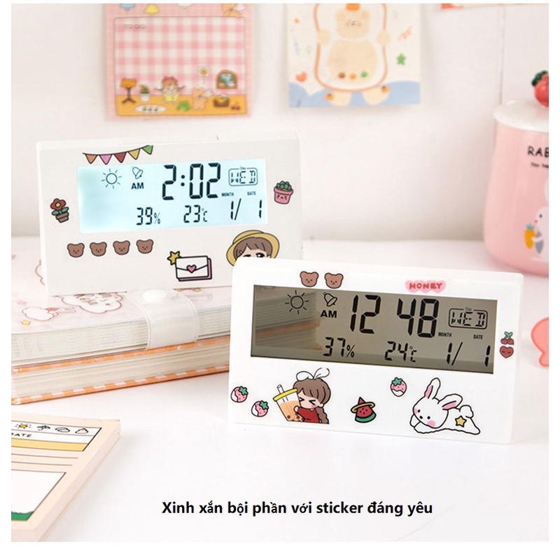 Đồng Hồ Báo Thức Điện Tử Để Bàn, Màn Hình LCD Hiển Thị Đa Chức Năng - Decor Mây Trang