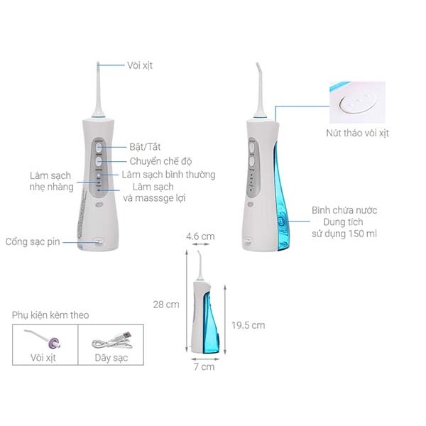 Máy tăm nước cầm tay Rapido RWG150 - Tăm nước vệ sinh làm sạch răng miệng được các bác sĩ, chuyên gia khuyên dùng