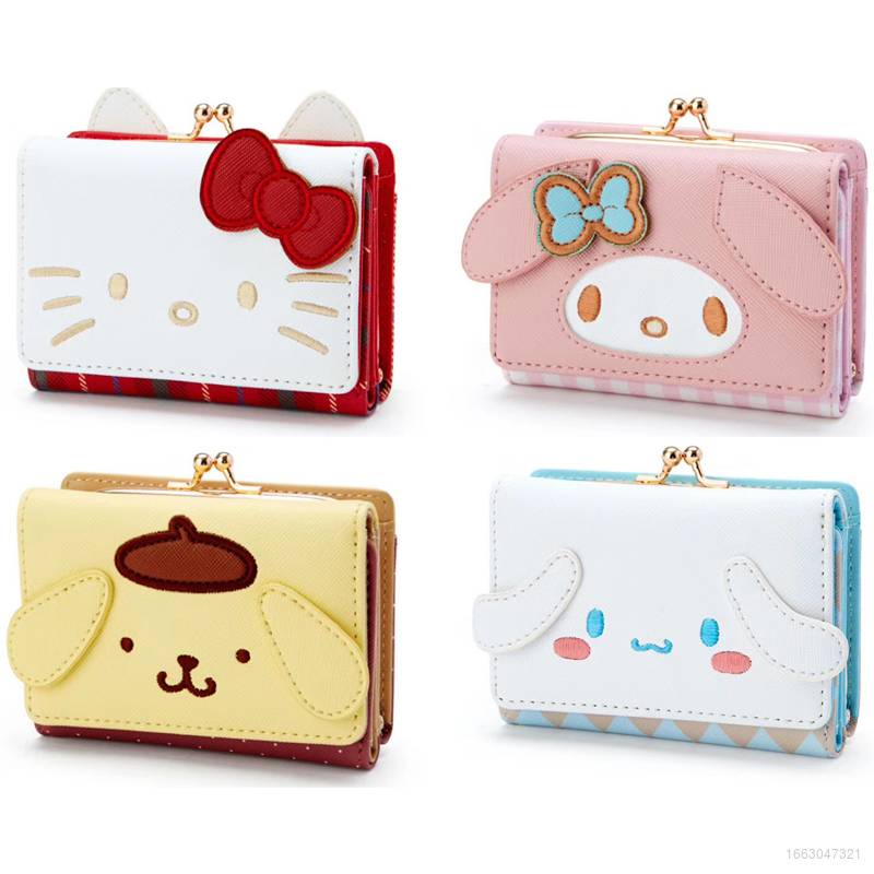 Ellen Sanrio Ví Gấp Gọn Họa Tiết Chó osmanthus Màu Vàng Kim Phối Pompom Purin mymelody Kulomi osmanthus Đáng Yêu
