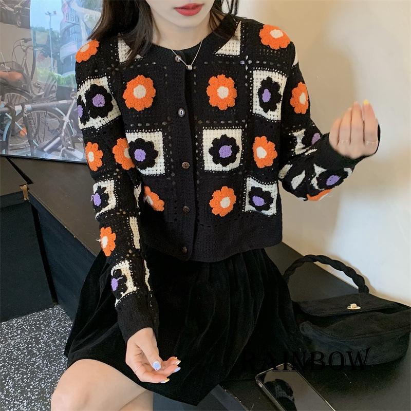 Áo Khoác Cardigan Dệt Kim Tay Dài Cài Nút Họa Tiết Hoa Màu Cầu Vồng Dễ Thương