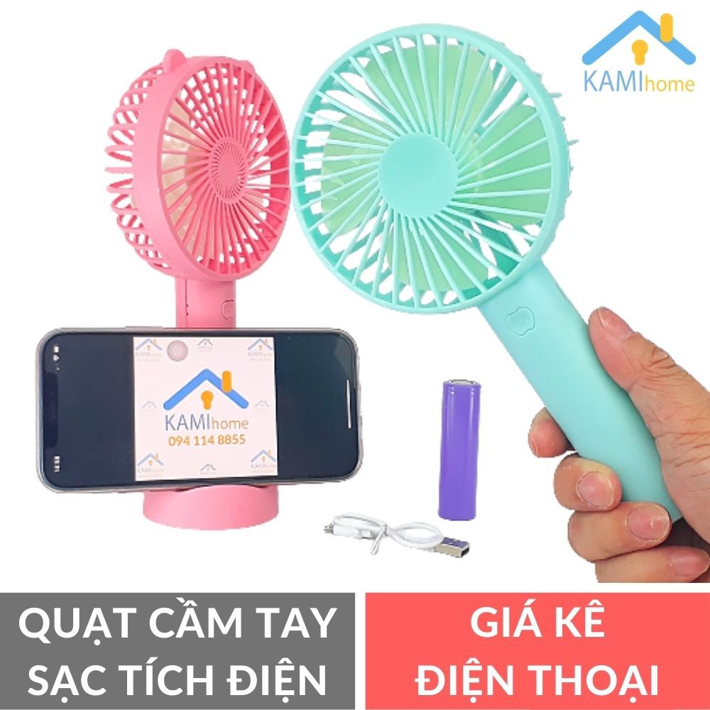 Quạt mini cầm tay và để bàn Pin sạc tích điện có Giá kê điện thoại mã 17015.17008