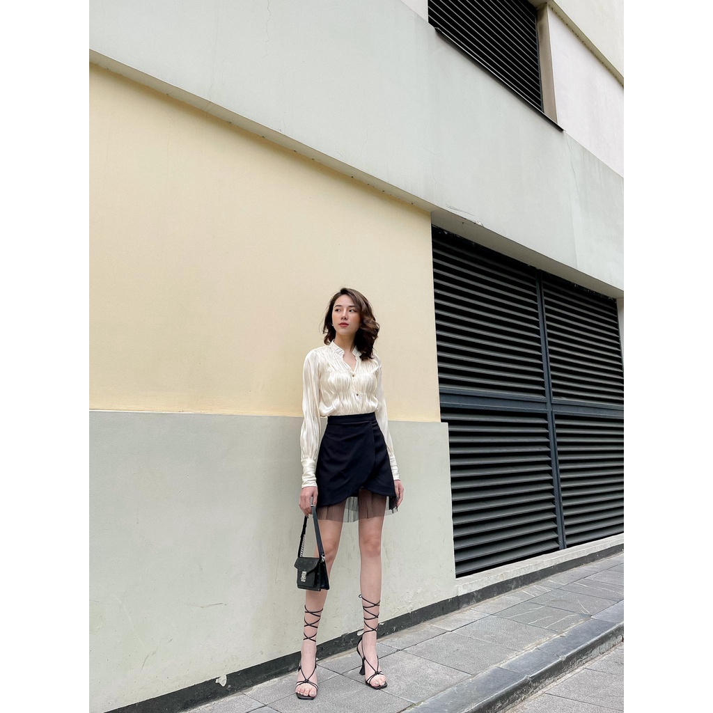 Áo sơmi lụa ánh kim bèo nhún ngực