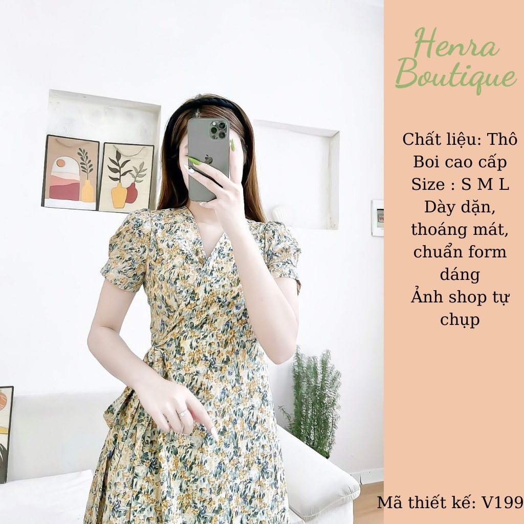 Đầm hoa nhí V199 Henra, kiểu dáng midi, thanh lịch, tôn dáng, tôn da