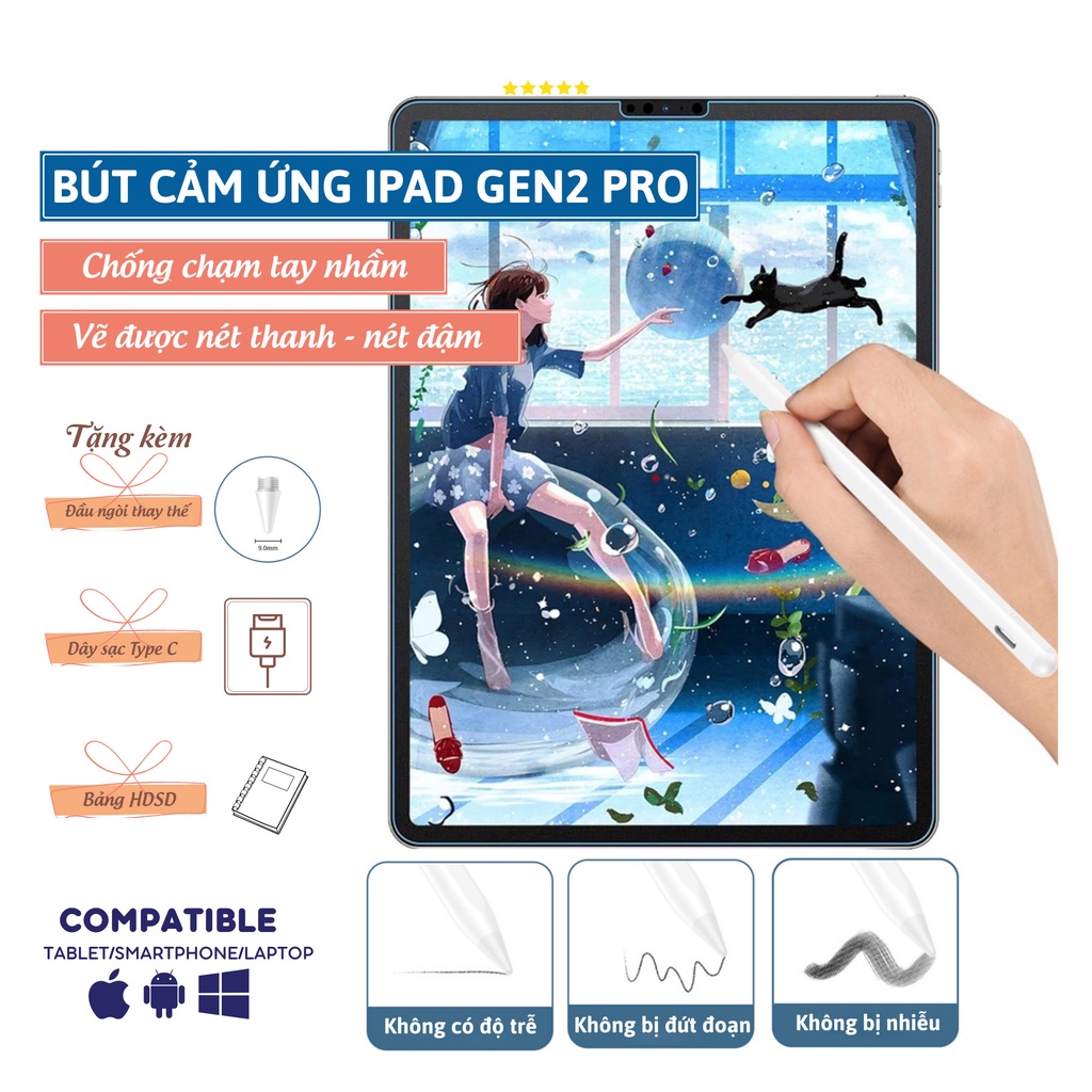 Bút cảm ứng Ipad Stylus U Pencil Gen 2 PRO - Chống chạm nhầm, vẽ nét thanh đậm, ghi chú cho iPad