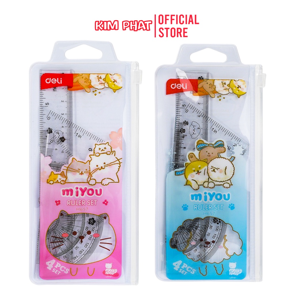 Bộ 4 Thước Kẻ, Eke, Đo độ MiYou Deli H657 Túi Zip Kèm Kính Lúp