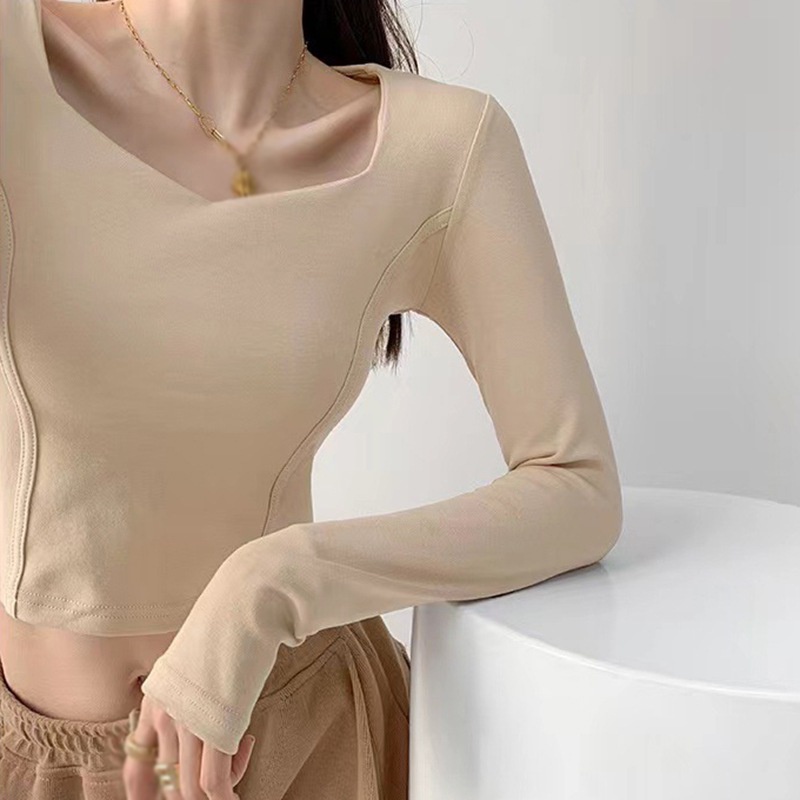 Áo Thun Dài Tay Cổ Vuông Hở Xương Quai Xanh Thiết Kế Thoải Mái Thời Trang Cho Nữ