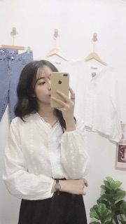 Áo sơ mi ren cổ V [ HÀNG CÓ SẴN- ẢNH THẬT TỰ CHỤP]