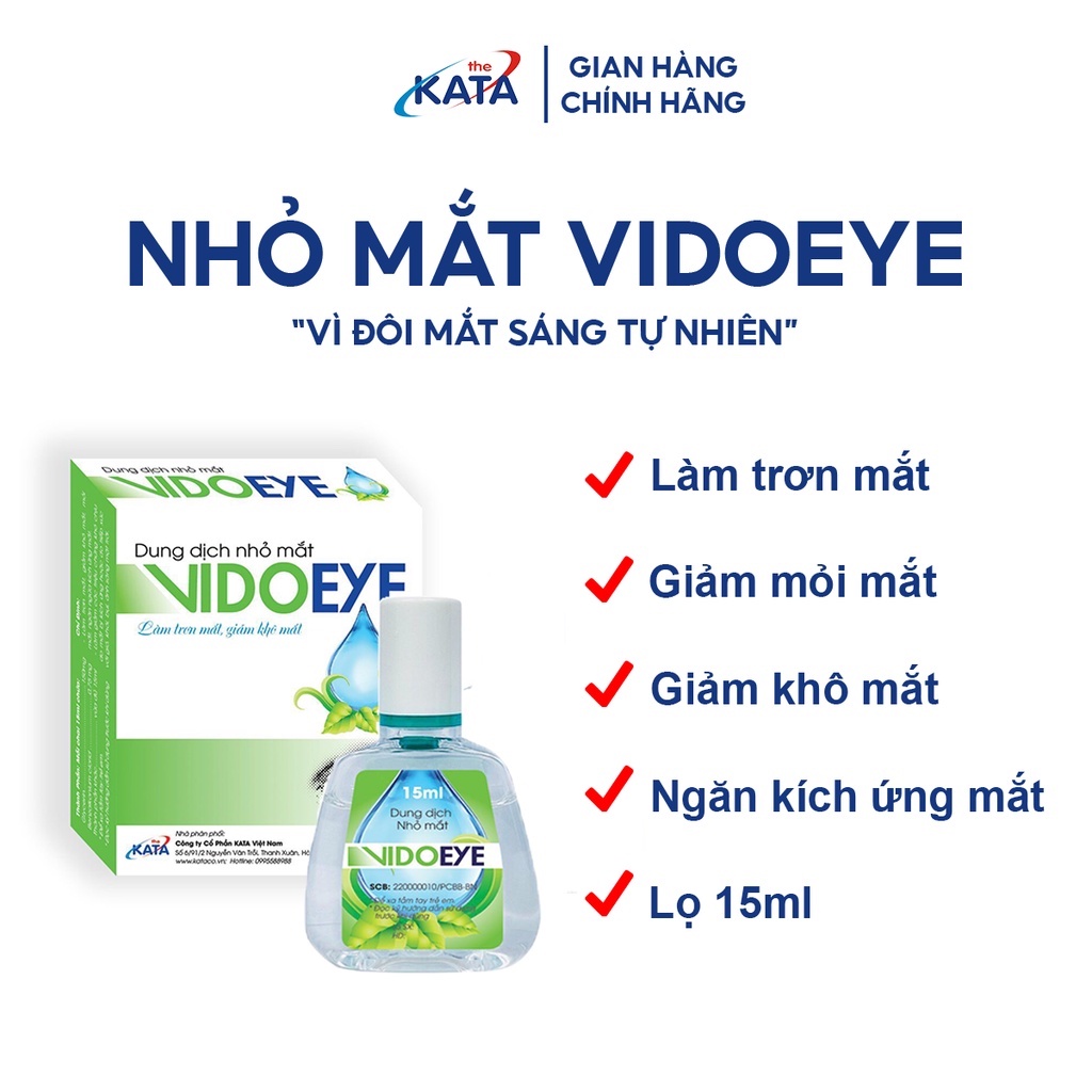 Nước Nhỏ Mắt VIDOEYE 15ml Làm Trơn Mắt, Giảm Khô, mỏi Mắt và giảm kích ứng Mắt - Kata Pharma KP004