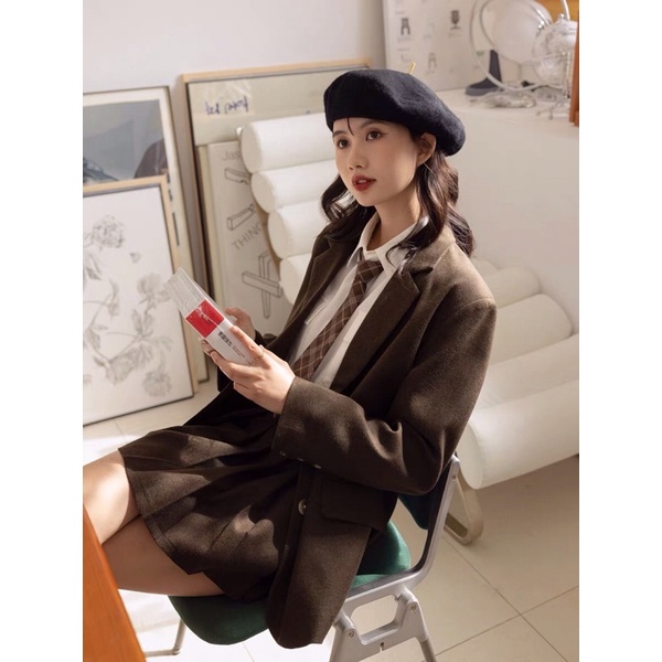 Set vest áo blazer chân váy xếp ly