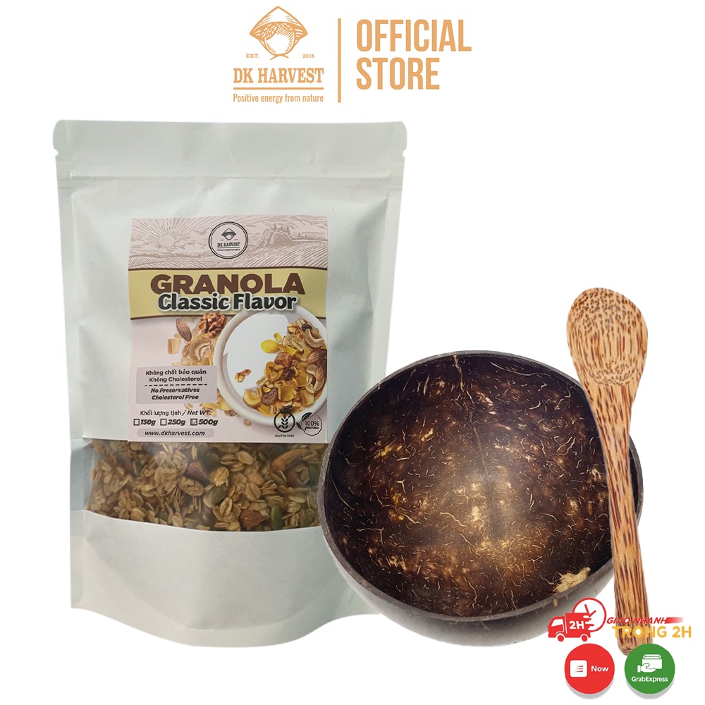 COMBO Tiết Kiệm - Granola Vị Truyền Thống Siêu Hạt + Chén/Bát Gáo Dừa (Kèm Muỗng Dừa) DK Harvest