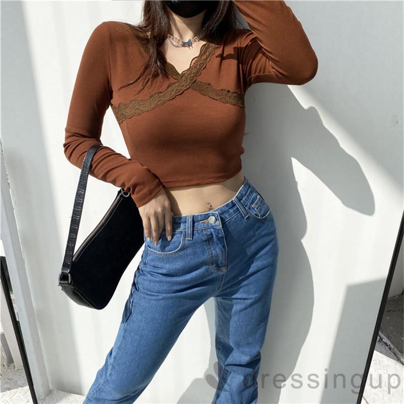 Áo Tay Dài Cổ Chữ V Màu Trơn Cá Tính Cho Nữ