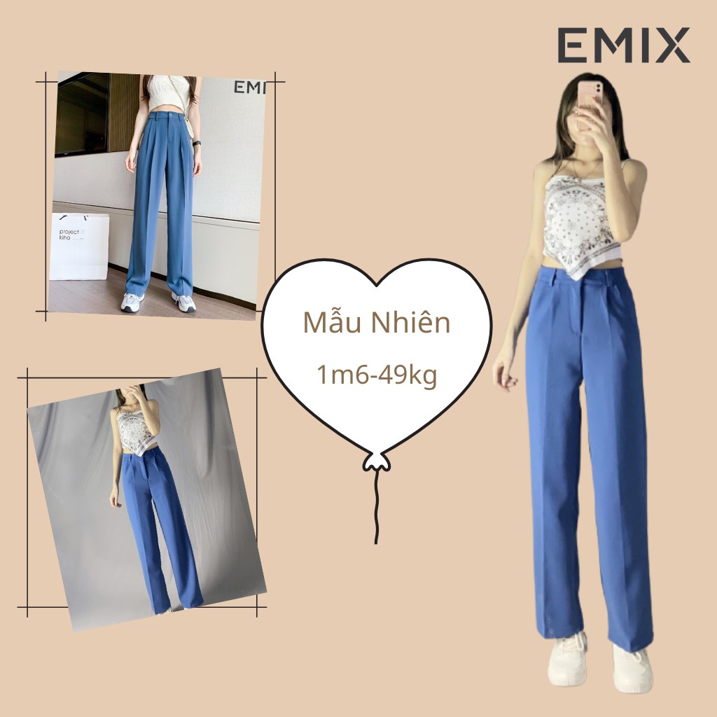 Quần suông nữ đi học suông dài EMIX (màu xanh), dáng rộng, dài 100cm, cạp cao, tôn dáng, chất tuyết mưa, mềm mại 3101