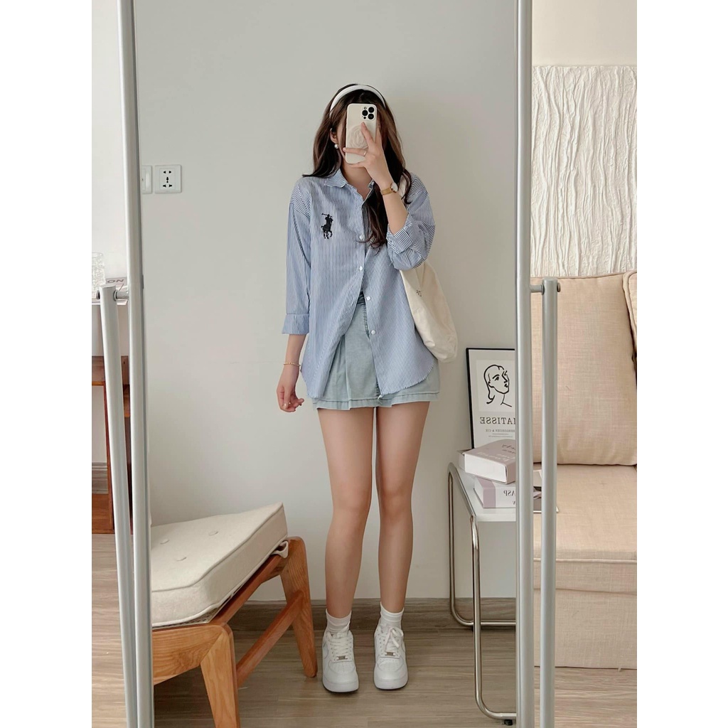 Áo sơ mi nữ form rộng trơn kẻ ngựa thêu Kiểu Màu trắng xanh đẹp dài tay ulzzang vintage hàn quốc cao cấp.