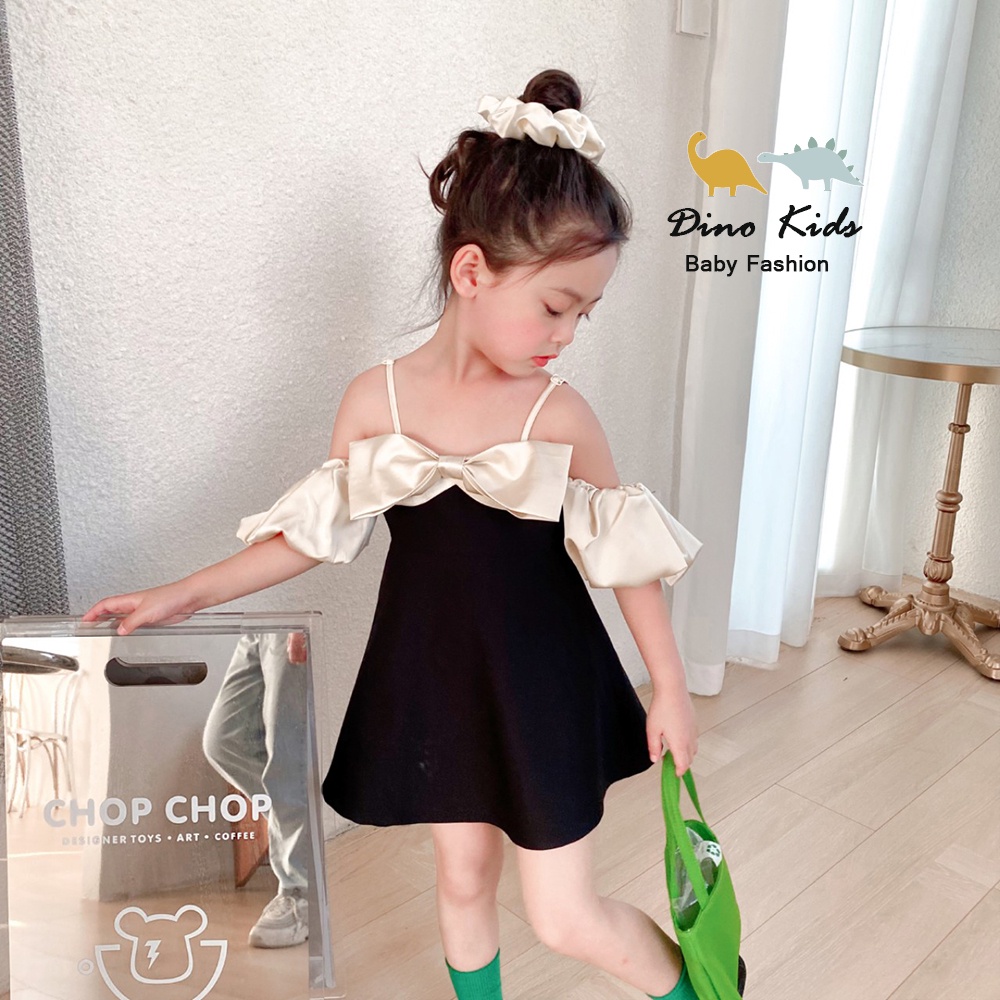 Váy đi tiệc 2 dây trễ vai bé gái, váy umi đen rớt vai bé gái