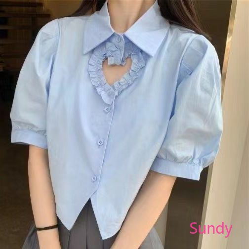 Áo Sơ Mi Cổ Bẻ Phối Ren Họa Tiết Trái Tim Ngọt Ngào Thời Trang Mùa Hè Cho Nữ