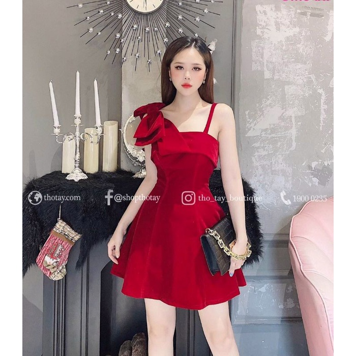 Đầm xoè Nhung đỏ tươi nơ đính vải cúp bằng vạt lật.