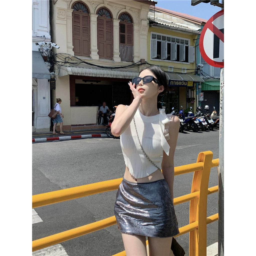 Áo Dệt Kim Sát Nách Thắt Dây Eo Thời Trang Cho Nữ