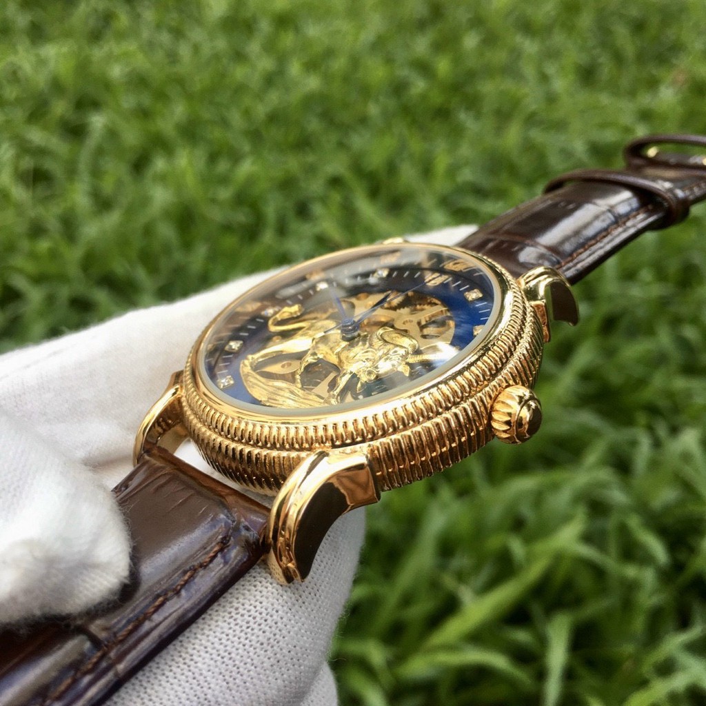 ⚡Ảnh Thật⚡Đồng Hồ Cơ Nam Automatic Dây Da Cao Cấp, Lộ Máy, Mặt Hình Trâu Vàng Thể Hiện Sự Sang Trọng Phú Quý