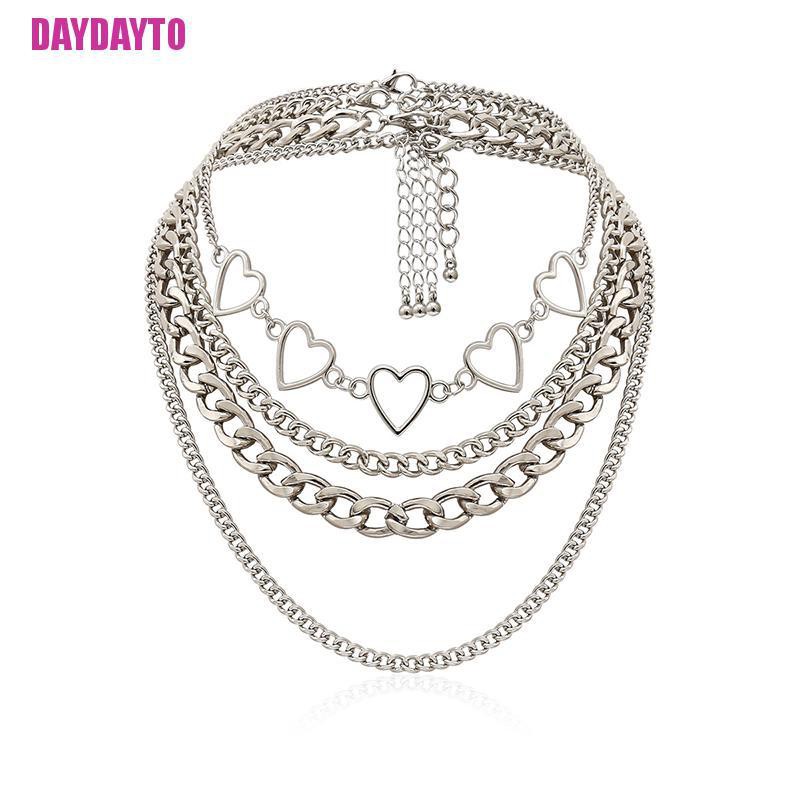 Vòng Cổ Choker Kim Loại Nhiều Lớp Mặt Trái Tim Rỗng Phong Cách Punk