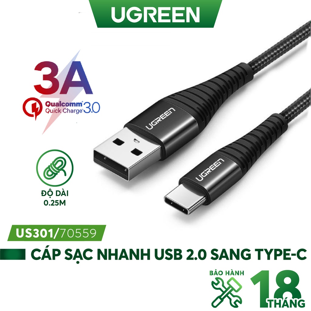 Cáp sạc nhanh USB 2.0 sang USB type C dòng 3A dài 0.25-2m UGREEN US301