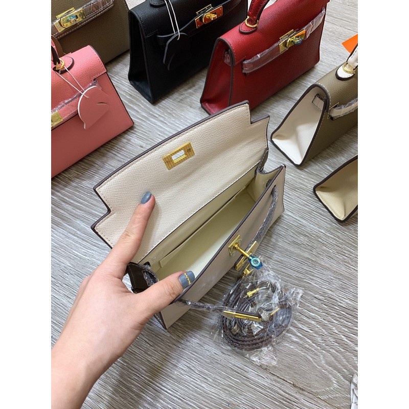 Túi Kelly dáng lùn size 19-22 da lì tag bạc, tag vàng hàng QC cao cấp
