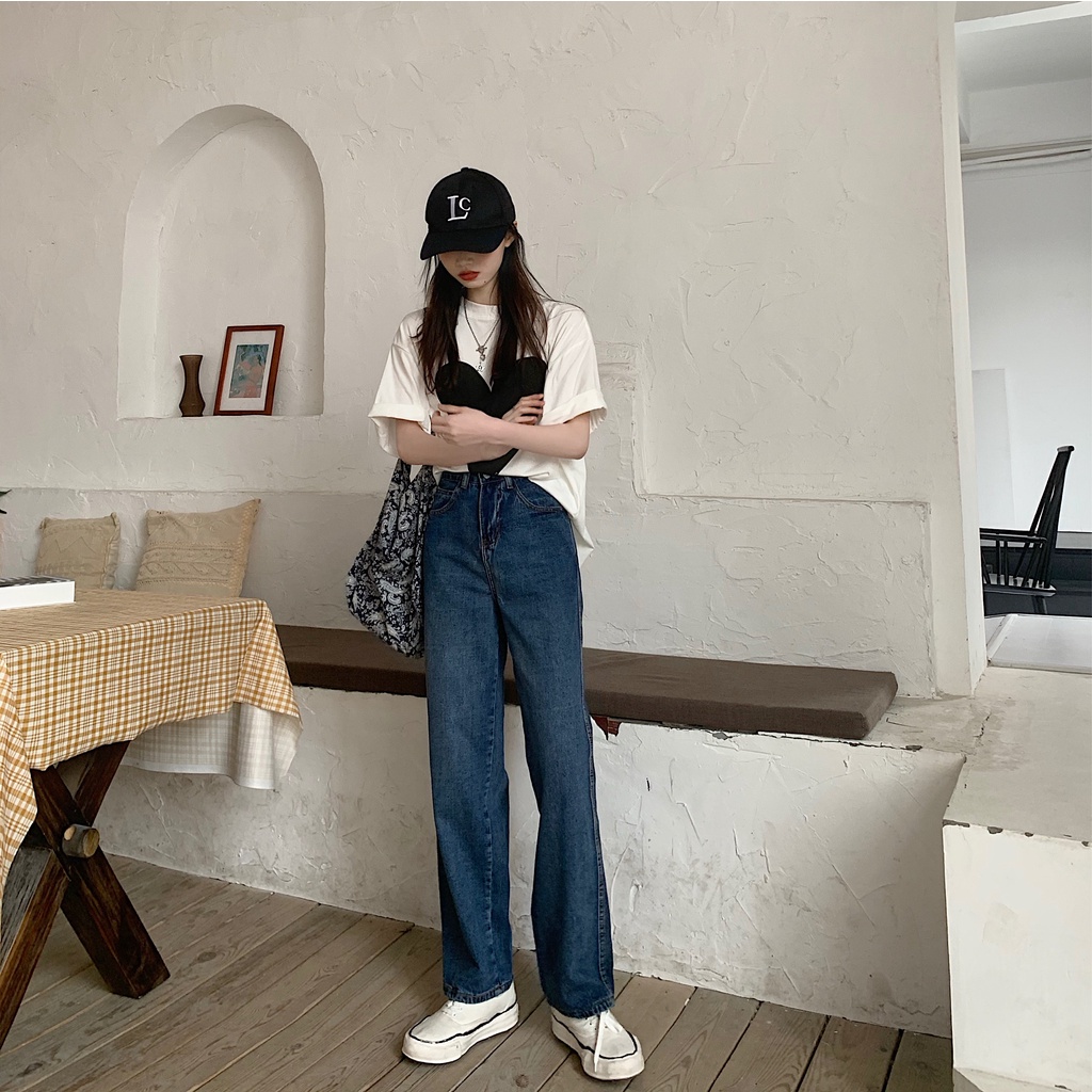 Quần jean ống rộng suông xanh đậm Aldore phong cách Ullzang MSC4