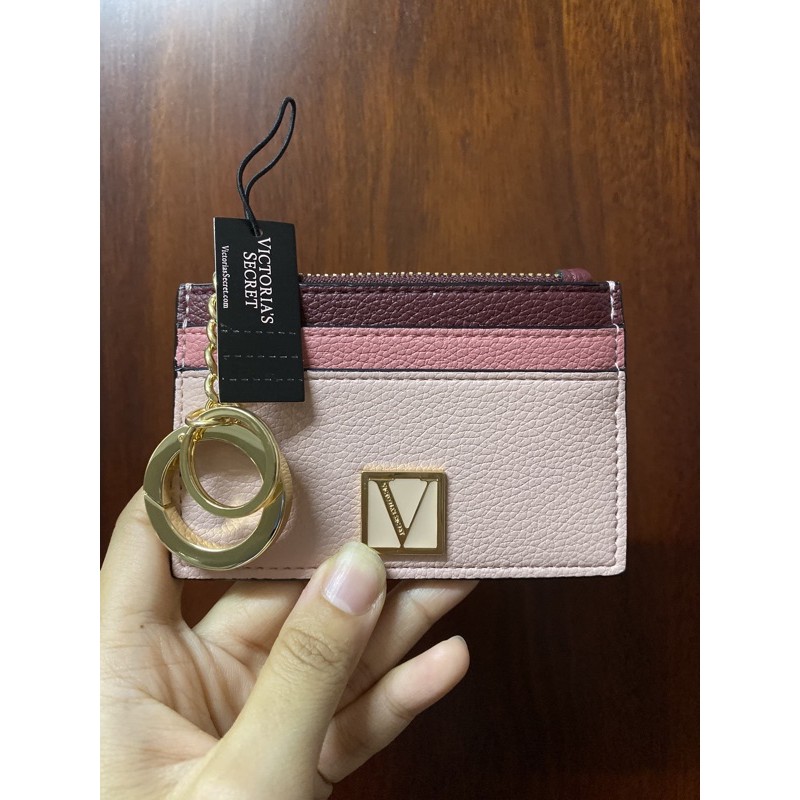 BILL US - Ảnh thật - Ví đựng thẻ và tiền Victoria Secret có móc khóa màu đen, sọc hồng, hồng đậm nhạt