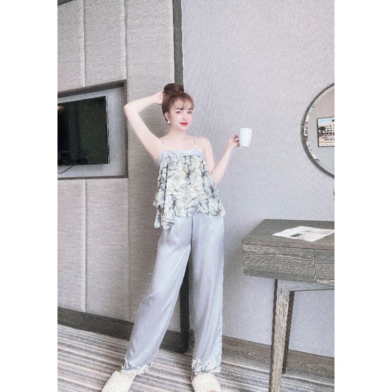 Bộ hai dây Áo voan, phối quần Satin, hoạ tiết siêu cưng