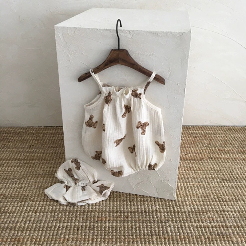 Bộ Quần Áo Mùa Hè Không Tay In Hình Gấu Hoạt Hình Có Mũ Cho Bé 0-2 Tuổi