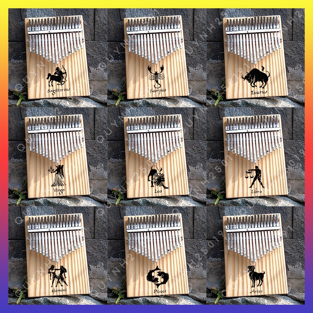 Đàn Kalimba 17 Phím Khắc Hình 12 Cung Hoàng Đạo - Đàn Kalimba Nguyên Khối Gỗ Thông Cao Cấp Tặng Full Phụ Kiện