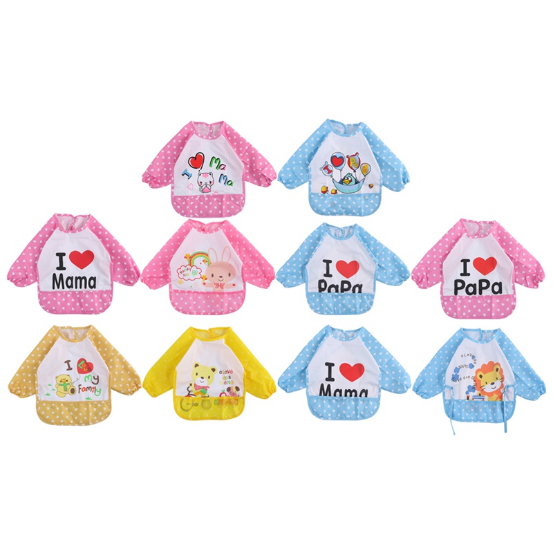 Yếm Ăn Tay Dài Chống Thấm Nước In Họa Tiết Dễ Thương Cho Bé