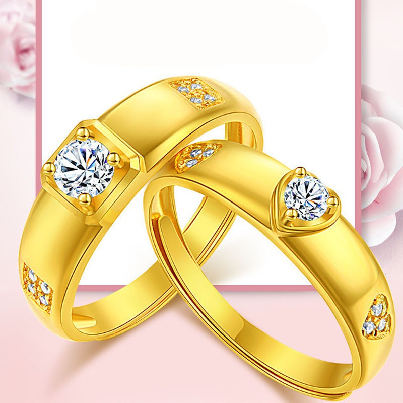 Nhẫn Đính Hôn Cặp Đôi Nhẫn Kim Cương Hình Trái Tim Mạ Vàng 24K Thời Trang Cho Nam Nữ