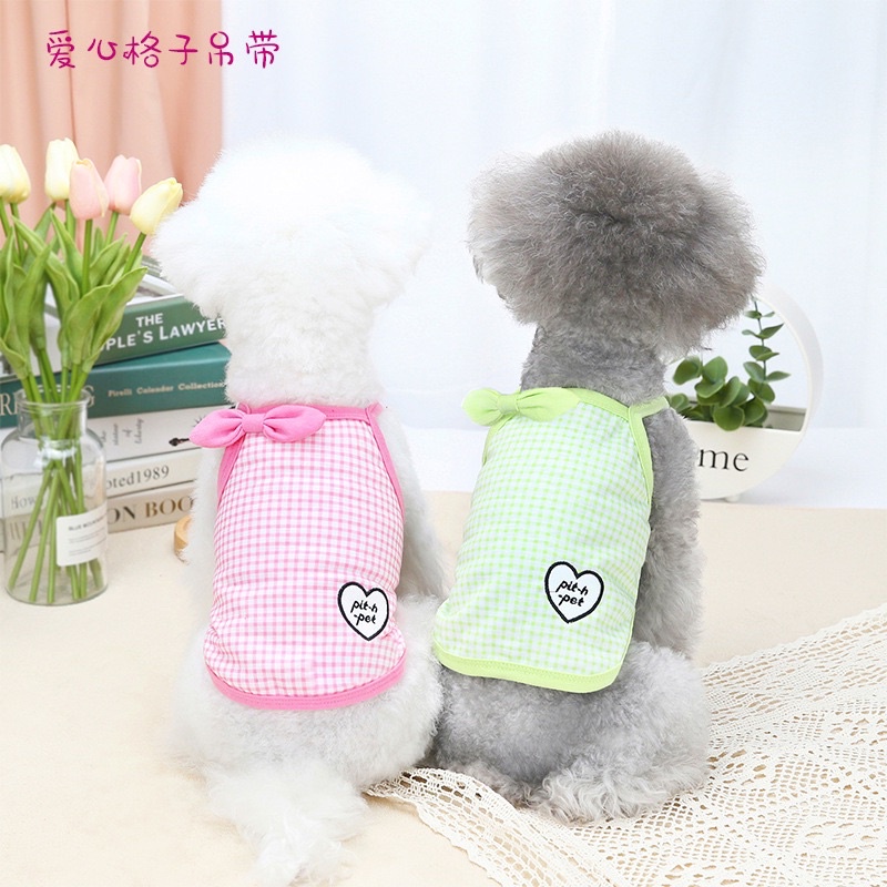 Quần áo thú cưng - Áo 2 dây caro trái tim và mặt cười cute cho chó mèo
