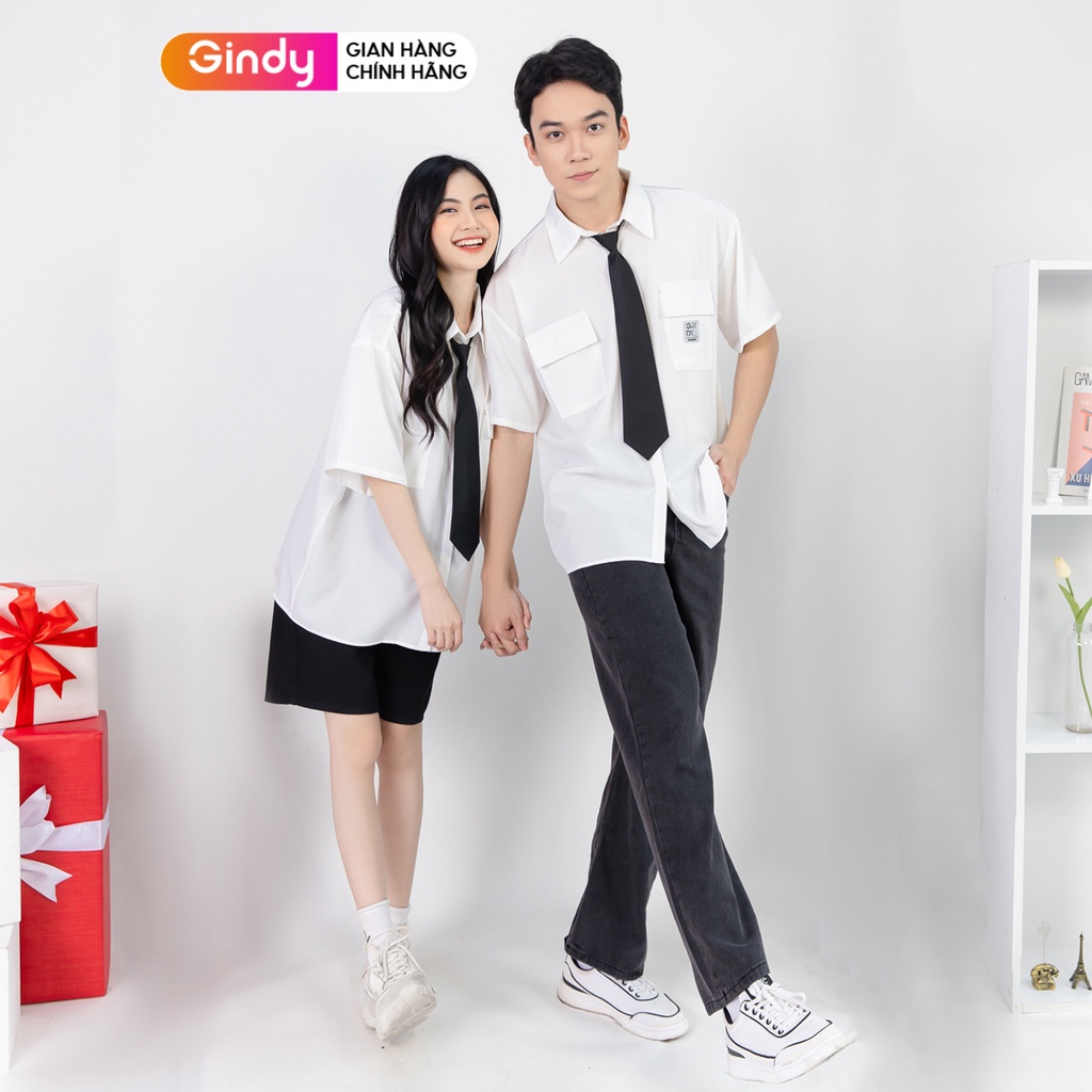Áo sơ mi tay ngắn nam nữ phong cách GINDY unisex sơmi trắng phối cà vạt form rộng vải Kate mịn mát A11122