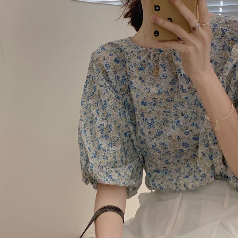 Áo sơ mi hoa cổ tròn ngắn tay form rộng phong cách vintage Hàn Quốc ulzzang