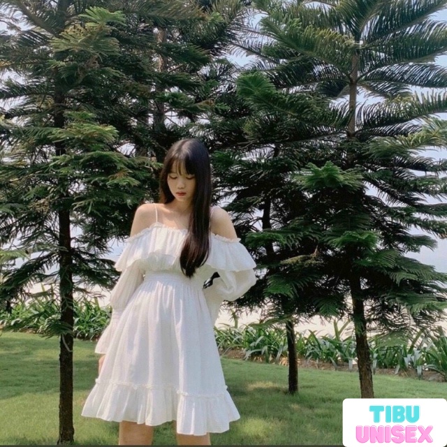Váy Tiểu Thư Trễ Vai TIBU, Đầm Bánh Bèo Màu Trắng Hai Dây Nữ Thích Hợp Đi Chơi Đi Tiệc Chụp Kỷ Yếu