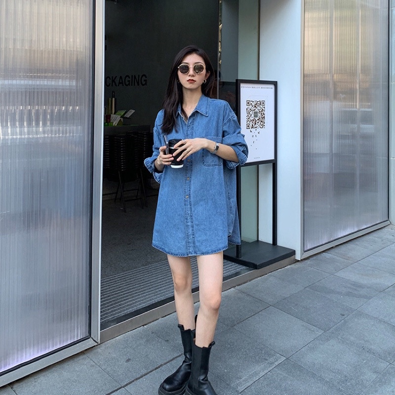 Áo Khoác Jean Nữ Form Rộng Ulzzang Cổ Áo Kiểu Polo Vải Màu Xanh Leevin