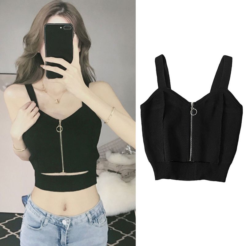 Áo Croptop Dệt Kim Không Tay Cổ Chữ V Màu Sắc Đơn Giản