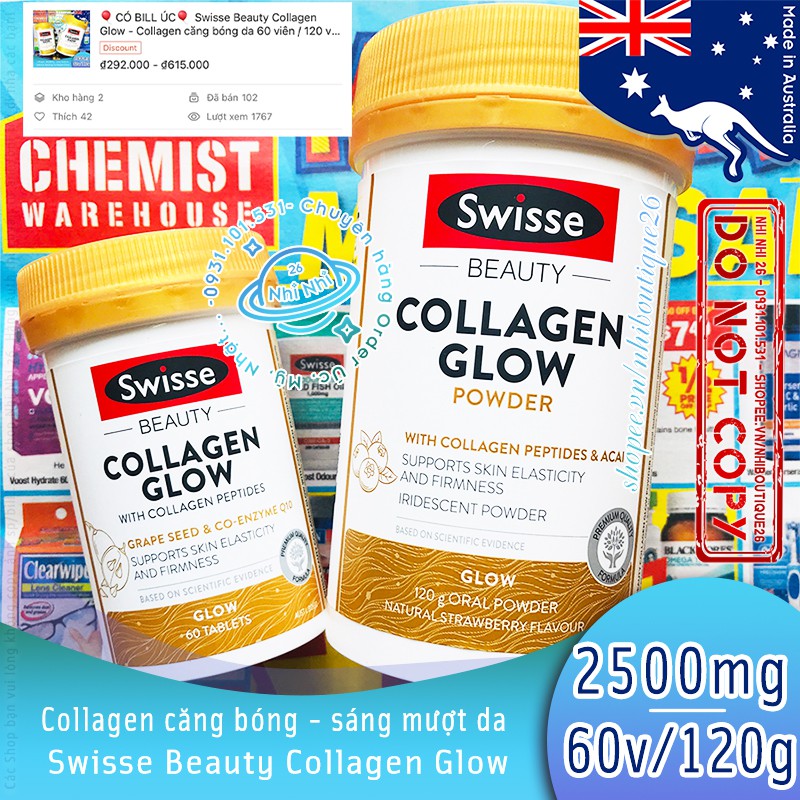 🎈CÓ BILL ÚC🎈 Swisse Beauty Collagen Glow - Collagen căng bóng da 60 viên / 120 viên / 120g 🎈 Chuẩn Chemist Warehouse