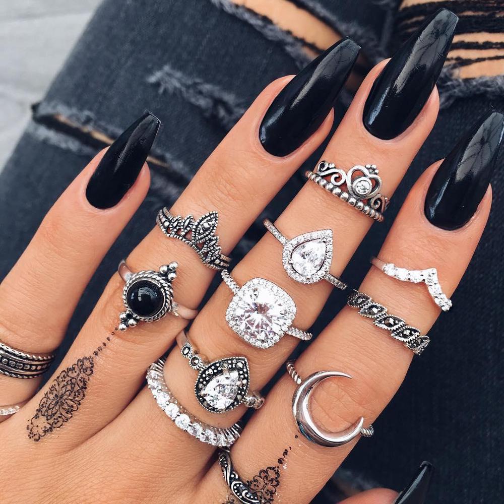 ✨Girlunderwear ✨Vintage Women crystal Finger Knuckle Rings Set For Girls Moon lotus Charm Bohemian Ring Fashion Jewelry Gift