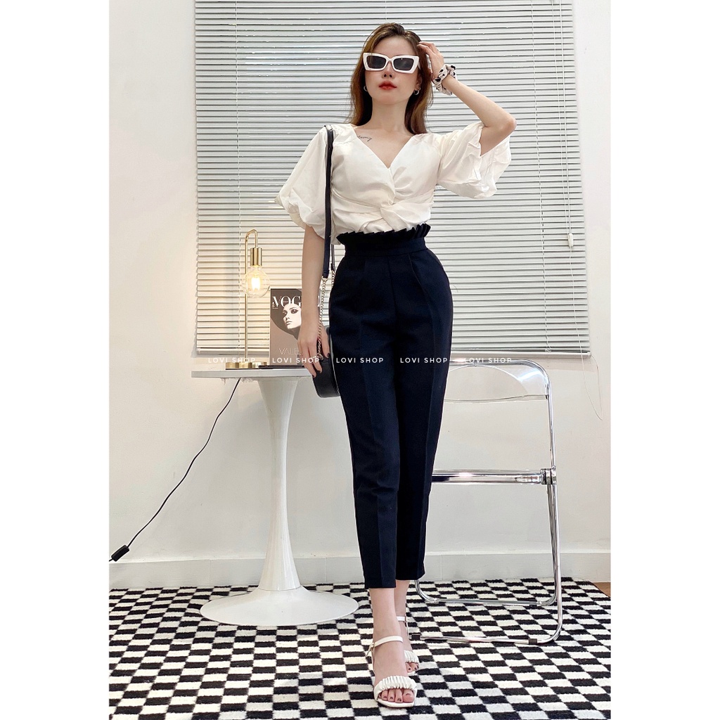 Áo xoắn ngực cổ chéo tay phồng nữ cổ v sang chảnh nữ tính Lovi