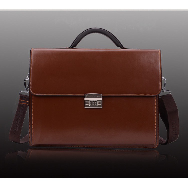 Túi Xách - Cặp da đựng laptop 14 inch. Túi xách công sở khóa số (DA BÒ, size: 39x30x10cm.Nâu-Đen) | BigBuy360 - bigbuy360.vn