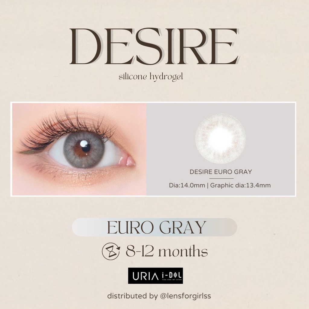 Kính áp tròng xám tây cho mắt nhạy cảm Desire Euro Gray chính hãng IDOL LENS | HSD 8-12 tháng | Lens cận