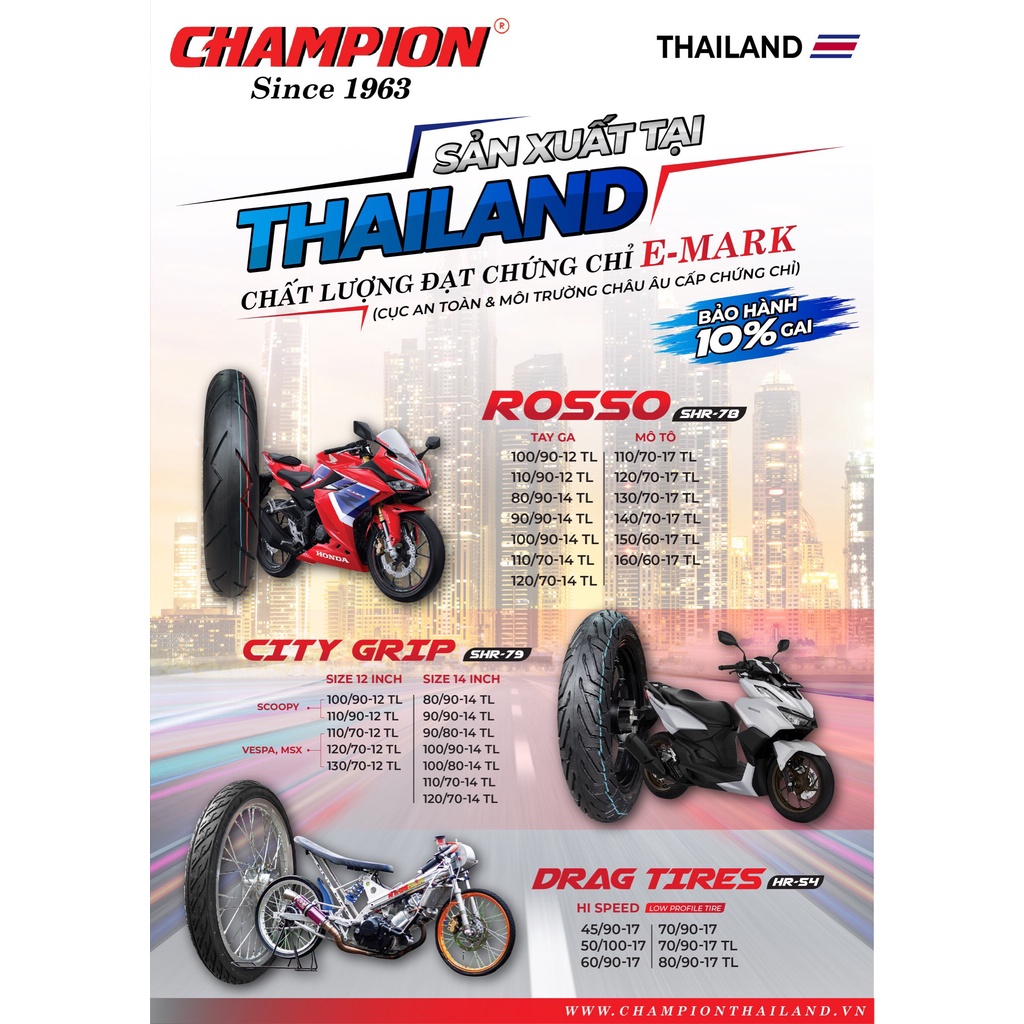 Vỏ lốp xe Champion Chính Hãng gai City Grip cho xe tay ga và vespa chống đinh chống nước . DoChoiXeMay