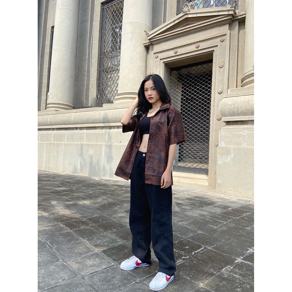 Áo Sơ Mi Ngắn Tay Nam Nữ Phom Rộng FVNXY Wax Nâu Thời Thượng | BigBuy360 - bigbuy360.vn