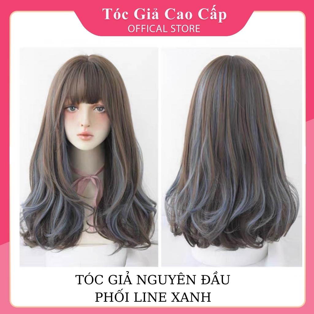 Tóc giả nữ nguyên đầu xoăn phối line xanh coban, tặng kèm lưới trùm tóc, C8276