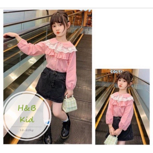 Set áo cổ ren cv jean đen dài tay cho bé gái