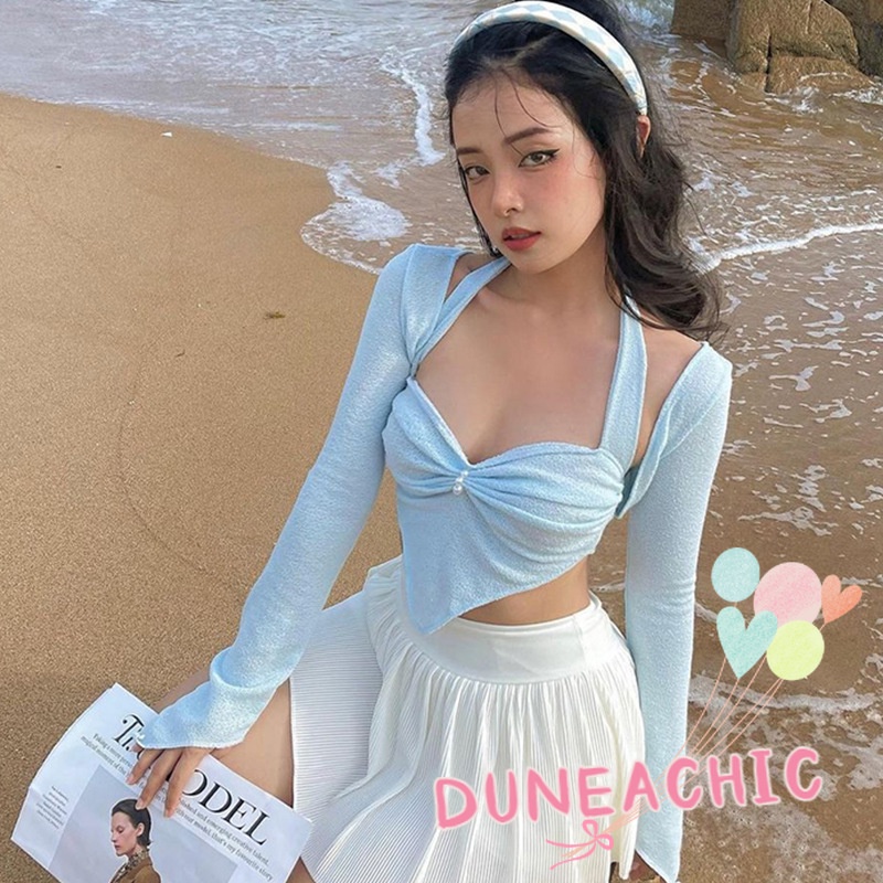 DUNEA Áo Sơ Mi Tay Dài Cổ Yếm Xếp Ly Thiết Kế Ngọt Ngào Cho Nữ